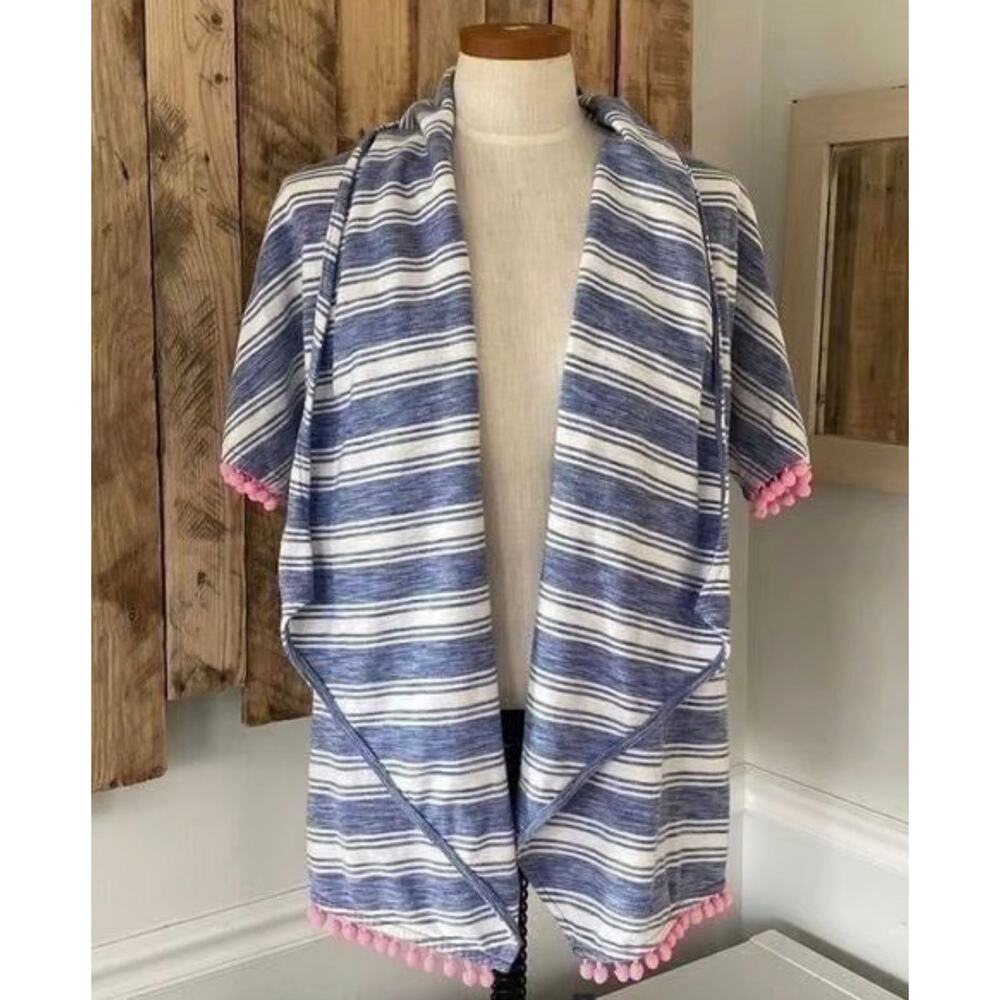 Vineyard Vines Striped Kimono Cardigan Pom Pom Trim Blue White Womens S